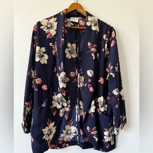 Navy Floral Open Front Lightweight Kimono Blazer Jacket Women’s Size LG